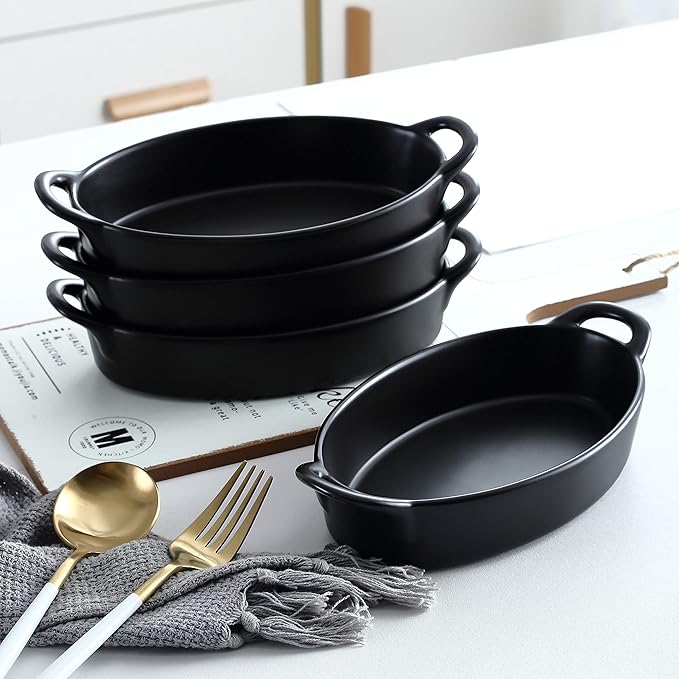 Bruntmor 8" x 5" Oval Porcelain Ceramic Deep Dish Pie Pan Set of 4, Double Handle Au Gratin Baking Dishes, Oven Safe Roasting Lasagna Pan For kitchen- Black