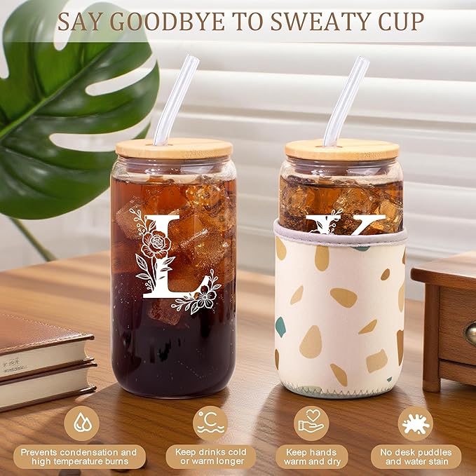 Personalized Gifts for Women, Monogrammed Gifts for Women, Initial 16 oz Glass Cups With Lids and Straws, Customized Mug, Personalized Birthday Gifts Christmas Gifts for Her Mom Friend Woman, L