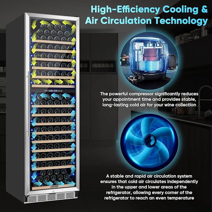 200 Bottle Wine Fridge, 24 Inch Wine Cooler Refrigerator Freestanding or Built-in, Professional Dual Zone Temperature Control, Low Noise Operation and Advanced Compressor Cooling