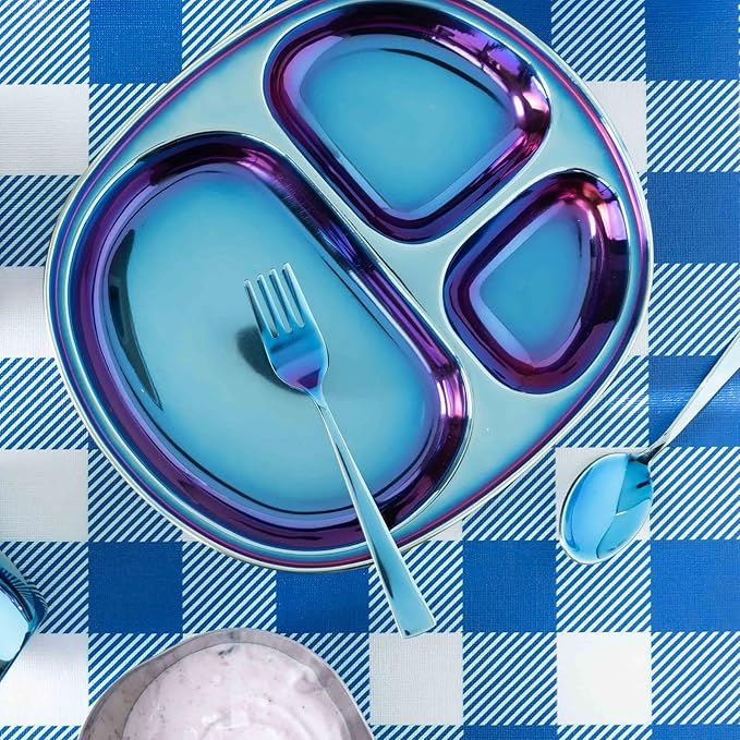Ahimsa Stainless Steel Kids Utensils, Pediatrician Designed, Colorful Silverware for Kids & Toddlers, Non Toxic, Dishwasher Safe, Iridescent Blue Fork and Spoon Set
