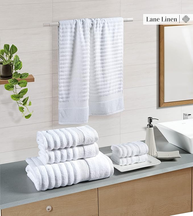 LANE LINEN White Bath Towels Set of 6-100% Cotton Towels for Bathroom, Hotel & Spa - Zero Twist, Premium Quality, Soft, Absorbent, Ribbed Bathroom Towel Set - Includes 2 Bath, 2 Hand & 2 Washcloths