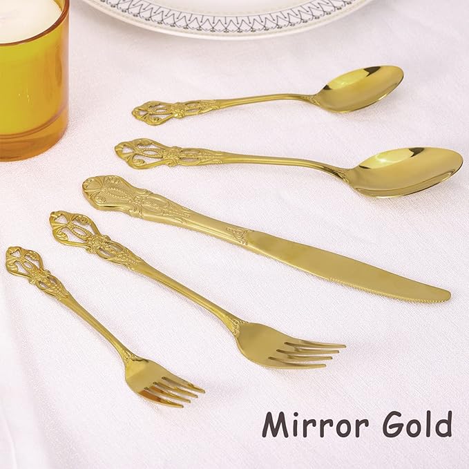 20 Piece Gorgeous Retro Royal Gold Silverware Set for 4, Premium Stainless Steel Flatware Set with gift box, Mirror Polished Cutlery Set Including Spoons and Forks, Vintage Utensils, Dishwasher Safe