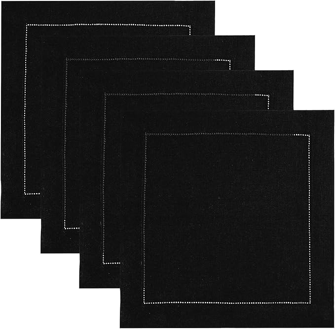 Solino Home Linen Square Placemats Set of 4-100% Pure Linen Black Cloth Placemats 14 x 14 Inch - Classic Hemstitch, Machine Washable Place Mats for Winter, New Year