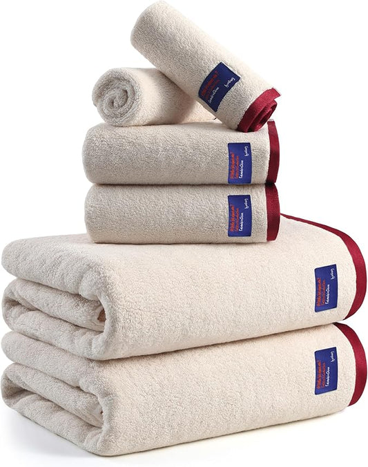 REDKISS 6 Pack Cotton Towel Set with Luxury Embellished Border, 600 GSM Ultra Soft & Highly Absorbent Bath Towels Set with 2 Bath, 2 Hand, 2 Washcloths for Bathroom, Gym, Spa, Hotel, Beige Brown