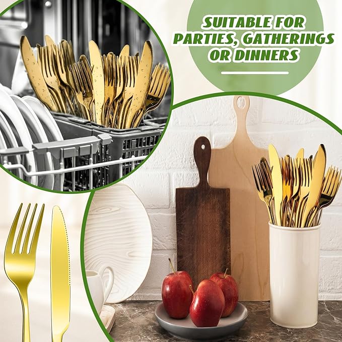 Nuenen 100 Pieces Stainless Steel forks and knives Dinner Flatware Set Tableware Cutlery for Butter Kitchen Restaurant, Dishwasher Safe (Gold,9.06 Inches, 8.07 Inches)