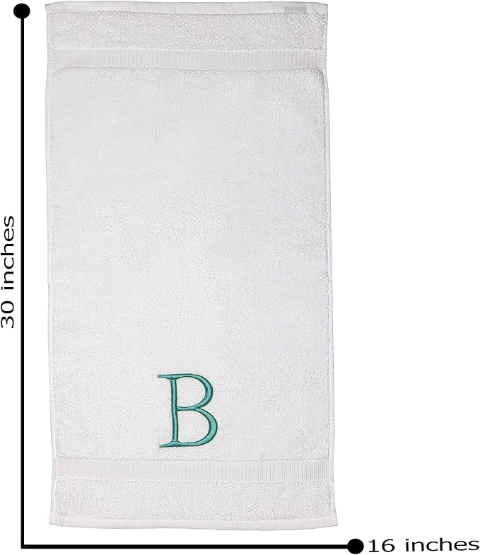 Teal and White Bathroom Hand Towel - Monogrammed Luxury Hotel Quality Decorative Embroidered Towel for Powder Room, Spa - GOTS Organic Certified - Set of 2 Letter B