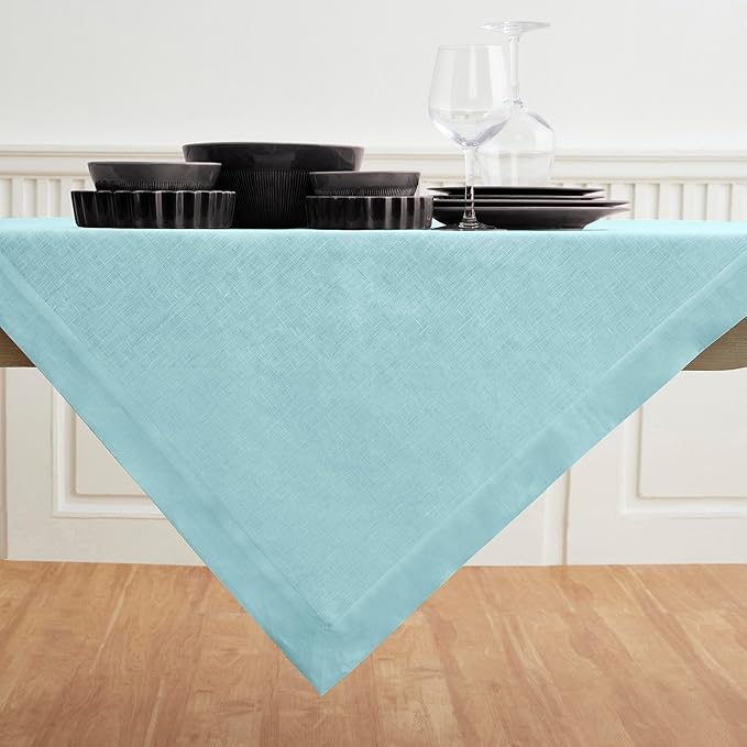 Solino Home Aqua Blue Linen Tablecloth 52 x 52 Inch - 100% Pure Linen Square Table Throw - Fete, Machine Washable Fabric Table Cloth for Winter