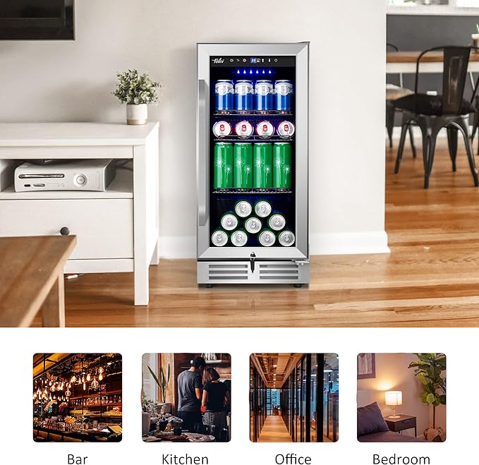 15 Inch Beverage Refrigerator - 125Cans Capacity Drink Cooler Under Counter Mini Fridge with Glass Door, Safety Lock Built-in or Freestanding Refrigerator for Soda, Beer, Wine