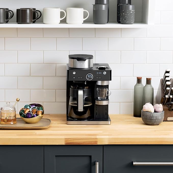 Ninja CFN602 Espresso & Coffee Barista System with Ristretto Function, Single-Serve Coffee, Compatible with Nespresso Capsule, 12-Cup Carafe, Built-in Frother, Cappuccino & Latte Maker (Renewed)