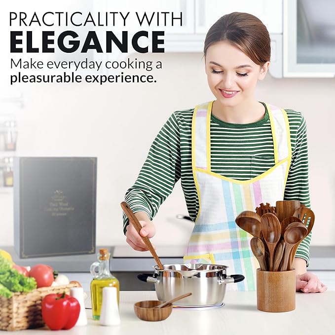 Zulay Kitchen 30-Piece Teak Wooden Utensils - Natural Teak Cooking Utensils with Premium Gift Box - Non-Stick Wooden Spoons - Kitchen Gift Set - Comfortable Grip