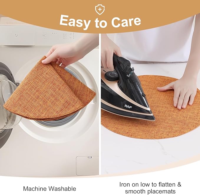 homing 15 Inch Round Cloth Placemats Set of 6, Cotton Linen Blend Washable Table Mats, Farmhouse Dining Place Mats for Indoors & Outdoors, Easy to Clean, Orange
