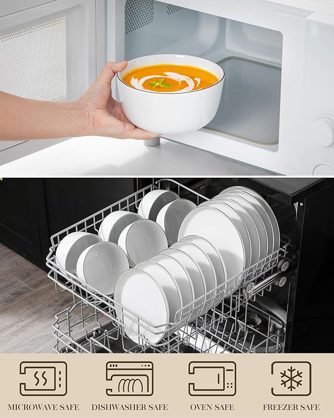 MALACASA 18 Pieces Gourmet Porcelain Dinnerware Sets, Premium Plates and Bowls Set, High-Fired Dishes Set for 6, Chip & Scratch Resistant, Microwave Dishwasher Safe, White & Black Rim, Series LEXI