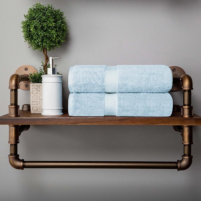 Superior Egyptian Cotton Pile Bath Towel Set of 2, Ultra Soft Luxury Towels, Thick Plush Essentials, Absorbent Heavyweight, Guest Bath, Hotel, Spa, Home Bathroom, Shower Basics, Light Blue