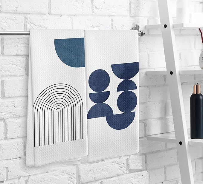 Boho Navy Blue Line Kitchen Towels and Dishcloths Set of 2, Boho Dish Towels, Bohemian Decorative Boho Blue Hand Towels for Bathroom Kitchen, 16×24 Inches