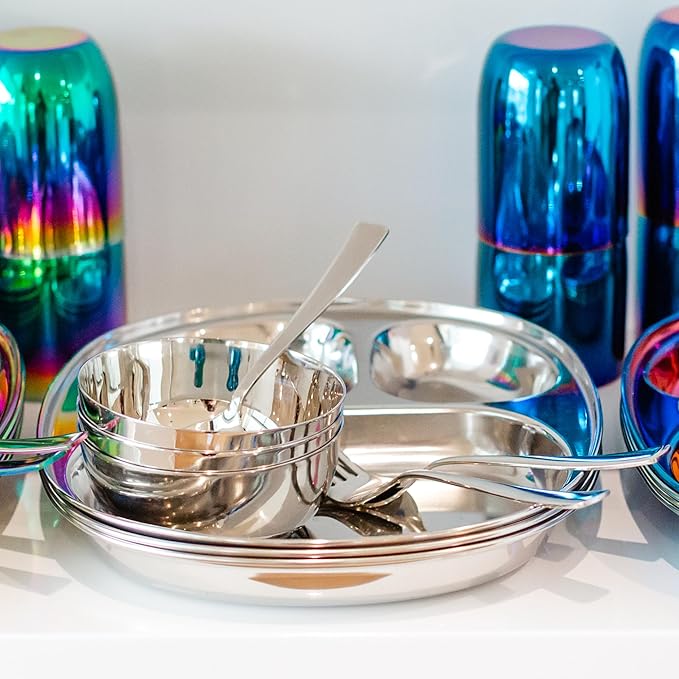 Ahimsa Stainless Steel Kids Utensils - 8 Pieces Kids Fork and Spoon Set, Pediatrician Designed Toddler Silverware Set, 100% BPA Free & Dishwasher Safe (Classic)