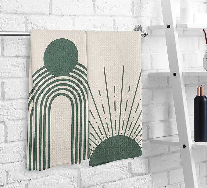Beige Green Sunrise Moon Rainbow Kitchen Towels and Dishcloths Sets of 2, Bohemian Decorative Towels, Abstract Arch Drying Cloth Hand Towels for Bohemian Bathroom Kitchen Decor, 16×24 Inches