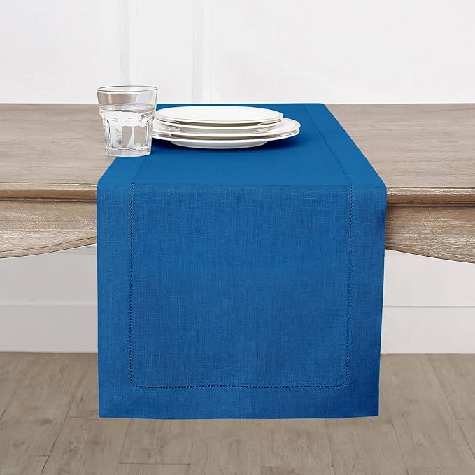 Solino Home Linen Indigo Blue Table Runner 90 Inches Long - 100% Pure Linen 14 x 90 Inch Table Runner for Winter, New Year - Classic Hemstitch
