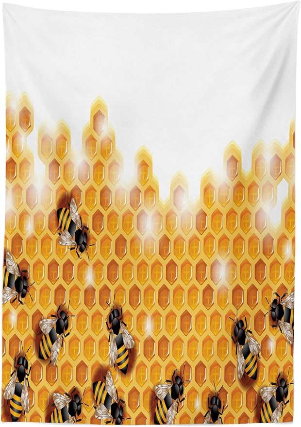 Ambesonne Nature Tablecloth, Honey Bees Wax Abstract Insect of Spring Season Artwork Image, Dining Room Kitchen Rectangular Table Cover, 60" X 84", Marigold Apricot