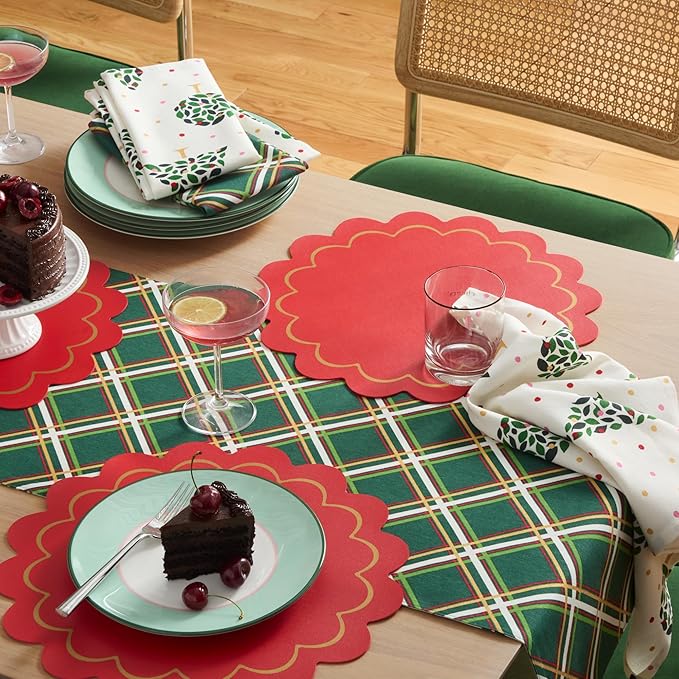 Kate Spade New York Scallop Edge Round Reversible Placemats 6-Pack Set, Imitation Leather with Metallic Print, Water Resistant, Easy Wipe Clean, Red/Gold, 15" Round