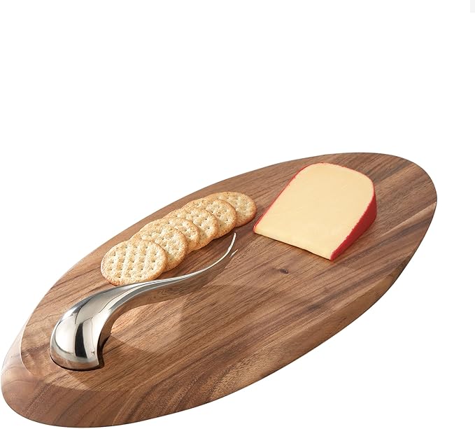Nambé Swoop Cheese Board with Knife, 21" x 10", Acacia Wood Serving & Cutting with Stainless Steel Knife & Charcuterie & Cheese for Entertaining, Appetizers, Snacks & Party