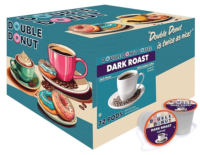 Double Donut Coffee Extra Bold Blend Dark Roast Coffee Pods, Dark Roast Coffee, Compatible with Keurig K Cups Brewers, 72 Count