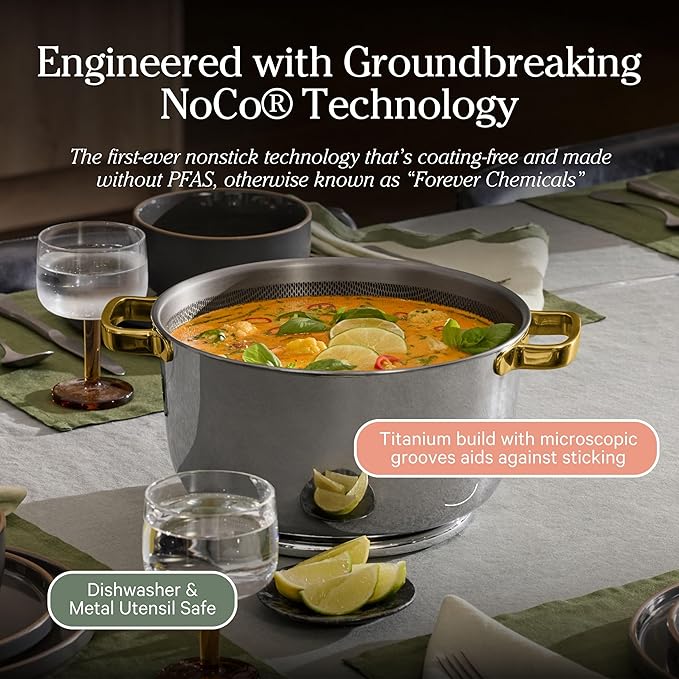 Our Place Titanium Perfect Pot Pro - 6.75 Qt No-Coating Nonstick Stock Pot | Tri-Ply Titanium & Stainless Steel | Oven-Safe up to 750°F & Compatible with All Cooktops | Includes Spoon | Gold