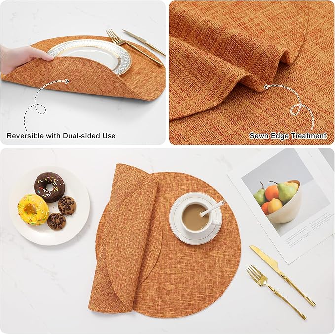 homing 15 Inch Round Cloth Placemats Set of 6, Cotton Linen Blend Washable Table Mats, Farmhouse Dining Place Mats for Indoors & Outdoors, Easy to Clean, Orange