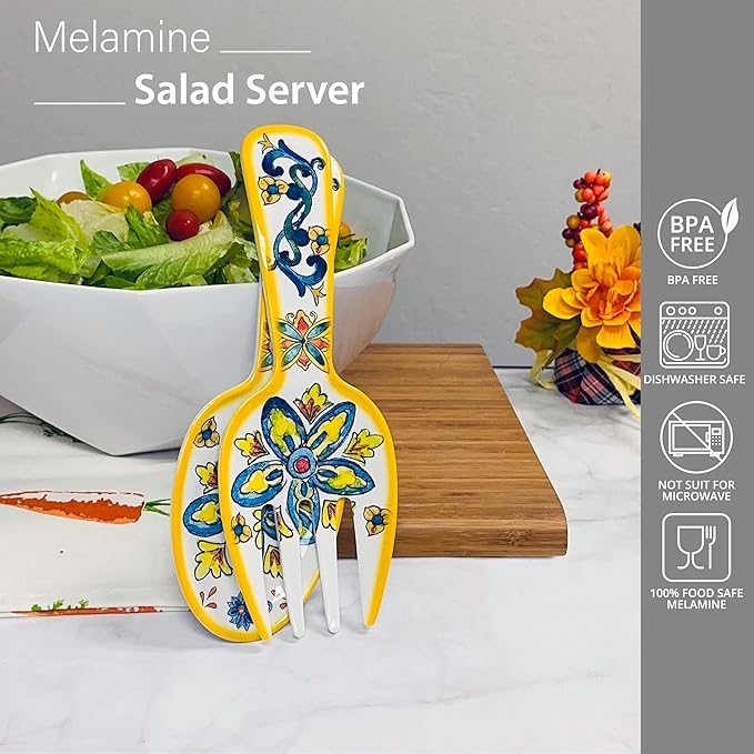UPware Chianti Melamine Salad Servers, Serving Utensil Set, Includes Serving Fork and Spoon for Tossing Salad, Pasta, Multicolor, 10.75 Inch, Set of 2