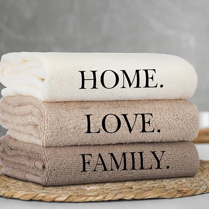 3 Pcs Farmhouse Decorative Hand Towels for Bathroom and Kitchen Rustic Embroidered 100% Cotton Hand Towels Decorative Set for Boho Bathroom Decor (Brown,Home,Love,Family)