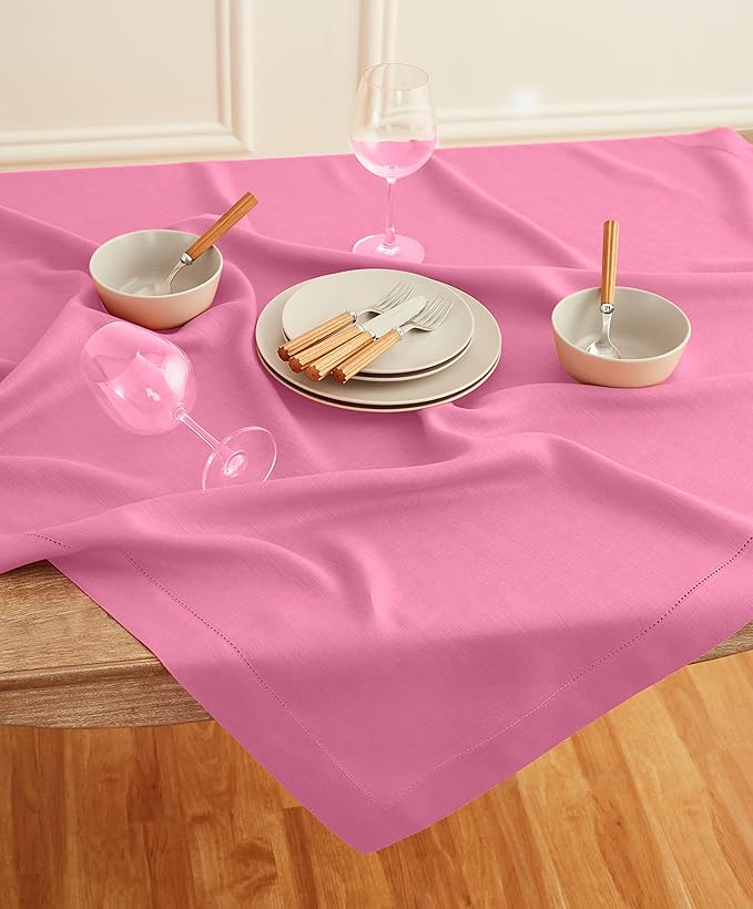 Solino Home Square Linen Tablecloth 52 x 52 Inch - 100% Pure Linen Flamingo Pink Table Throw - Classic Hemstitch, Machine Washable Table Cloth for Valentines