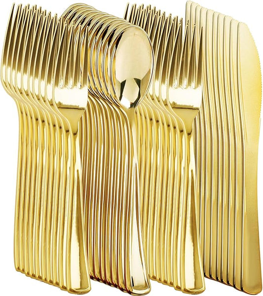 NOCCUR 400PCS Gold Plastic Silverware - Gold Plastic Cutlery Include 200 Forks, 100 Spoons, 100 Knives, Disposable Silverware Perfect for Party&Daily Using