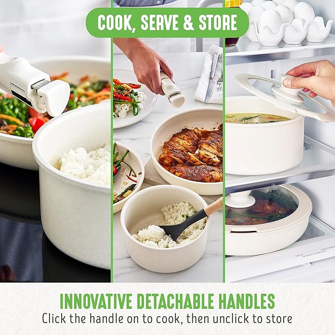 GreenLife 10 Piece Nonstick Pots & Pans Set, Detachable Handle & Stackable Cookware Set, Non Toxic PFAS-Free Skillets, Induction Kitchen Pans, Space Saving, Serving Bowls, Oven Safe, Speckled Cream