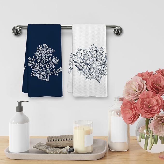Coastal Beach Coral Summer Bathroom Hand Towels Sets of 2, Nautical Beachy Ocean Theme Bathroom Decor Accessories, Coastal Navy Blue Decor Kitchen Dish Tea Towels for Kitchen, 16x24 Inch