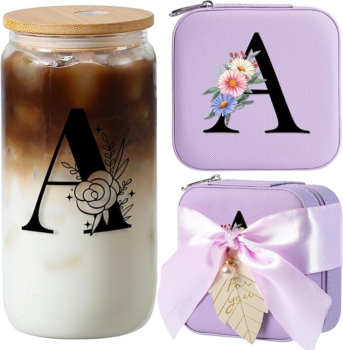 AYGXU christmas gifts for women,initial glass cups with lids and straws 16oz,iced coffee cup,Travel Must Have Jewelry Box set,travel Jewelry Case Organizer,Birthday Gifts,Initial A purple