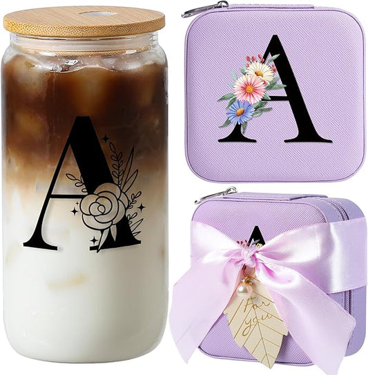 AYGXU christmas gifts for women,initial glass cups with lids and straws 16oz,iced coffee cup,Travel Must Have Jewelry Box set,travel Jewelry Case Organizer,Birthday Gifts,Initial A purple