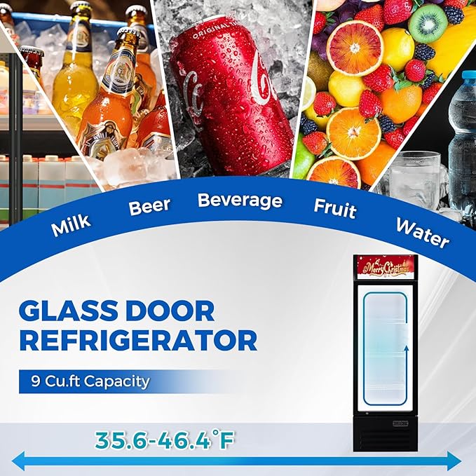 Commercial Refrigerators 9 Cu.Ft Upright Merchandiser Drink Cooler – Glass Door Beverage Fridge with LED Light, Adjustable Shelves, Lock Wheels – Display Refrigerator for Beer, Bar, Shop