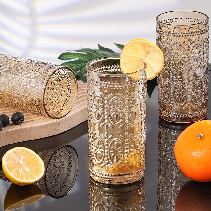6 Pack Highball Beverage Glass Cup, 12oz Amber Glassware Drinking, Vintage Embossed Drinking Glasses, Old Fashioned Glass for Party Wedding Home Office and Gift