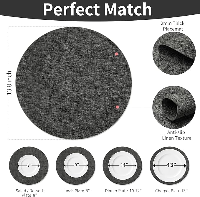 Maxpearl Round Placemats Set of 6, 13.8 inch Faux Leather Heat Resistant Table Mats, Non Slip Waterproof Wipeable Place Mats for Kitchen Dining Holiday Party Table Settings, Black