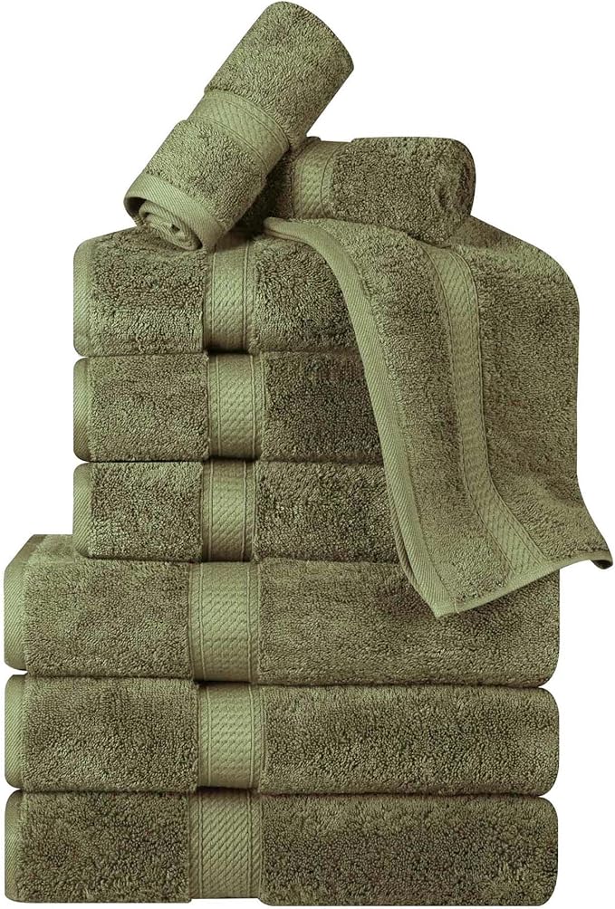 Superior Egyptian Cotton Pile 9 Piece Towel Set, Includes 3 Bath, 3 Hand, 3 Face Towels/Washcloths, Ultra Soft Luxury Towels, Thick Plush Essentials, Guest Bath, Spa, Hotel Bathroom, Forest Green