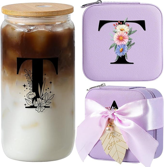 AYGXU Birthday & Special Occasion Gifts for Women & Girls - Travel & Home Glass Cup with Bamboo Lid, Straw & Initial T Purple