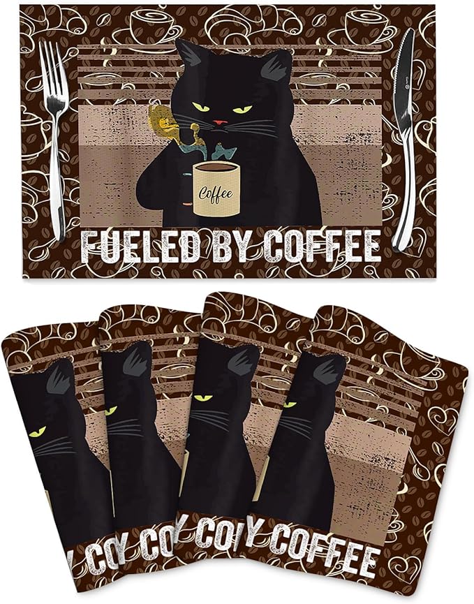 Vintage Cat Placemats Set of 4 Linen 12"x18" Retro Coffee Place Mats Washable Heat-Resistant Cute Kitchen Table Mats for Dining Outdoor Home Decor