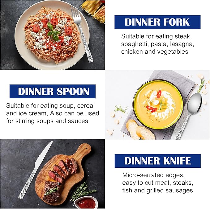 E-far 12-Piece Hammered Forks Spoons and Knives Set, Silverware Set for 4, Stainless Steel Square Flatware Set for Home Kitchen Restaurant, Mirror Polished & Dishwasher Safe