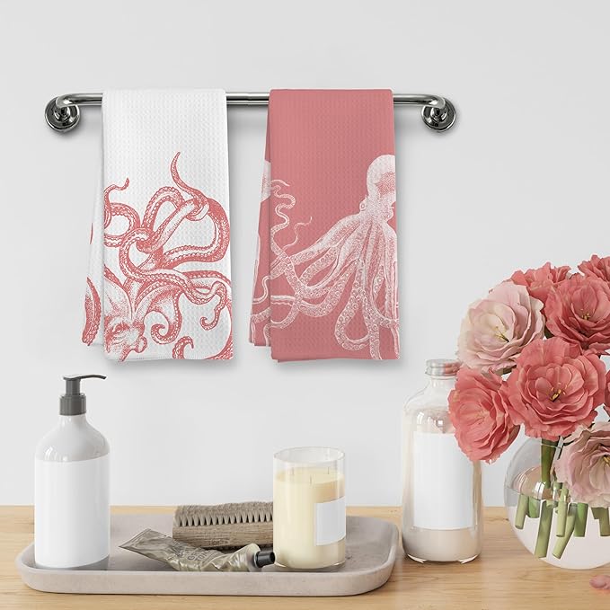 Coastal Pink Octopus Beach Decor Dish Hand Tea Towels for Bathroom Kitchen, Girly Octopus Ocean Nautical Beachy Bathroom Decor, Coastal Kitchen Towels and Dishcloths Sets of 2, 16x24 Inch