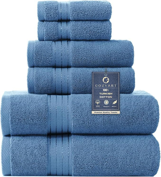 COZYART Denim Blue Bath Towel Set, Turkish Cotton Hotel Large Towel Bulk for Bathroom, Thick Bathroom Sets of 6 with 2 Bath Towels, 2 Hand Towels, 2 Washcloths, 650 GSM