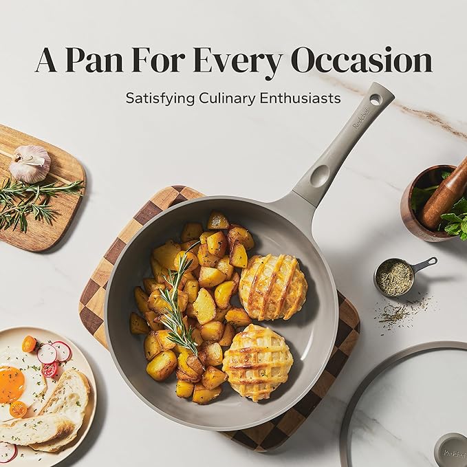 Redchef Deep Ceramic Frying Pan with Lid, Nonstick Saute Pan Cookware All Cooktop Compatibility, Stay-Cool Handles, PFOA Free, Healthy Coating, Tempered Glass Cover, Even Heat, Grey (3.7Qt, 10")