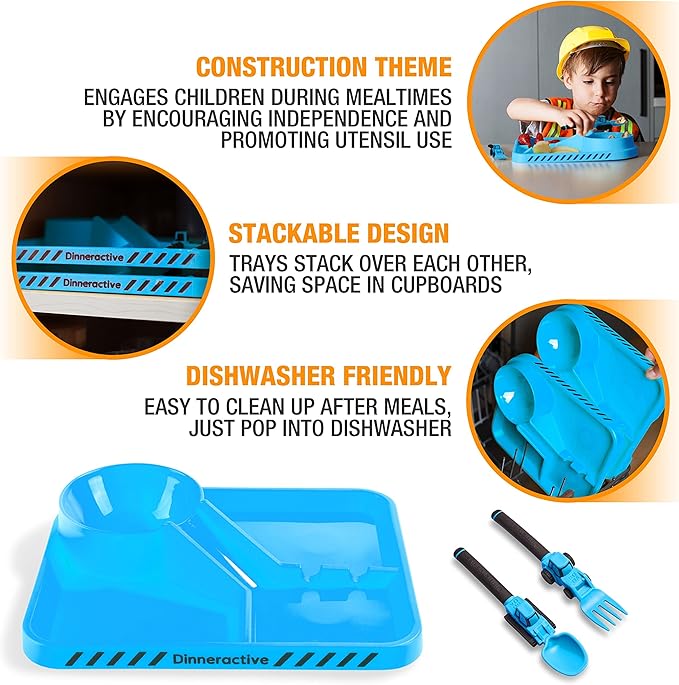 Dinneractive 3-Piece Construction Themed Toddler Utensils & Plates - Toddler Forks, Spoons & Divided Plates - Blue, Vehicle Pattern