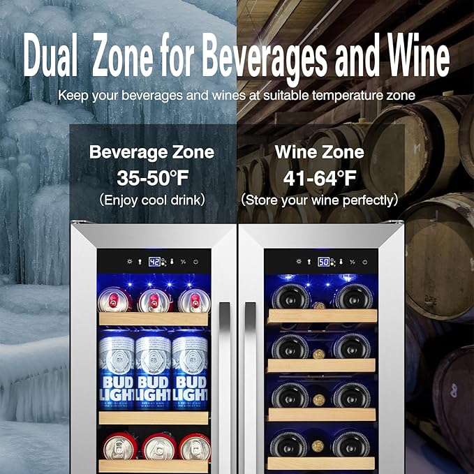 24 Inch Upgraded Wine and Beverage Refrigerator– Dual Zone Beverage Cooler with Glass Door | Under Counter or Freestanding | Large Capacity, Advanced Cooling System & Carbon Purification