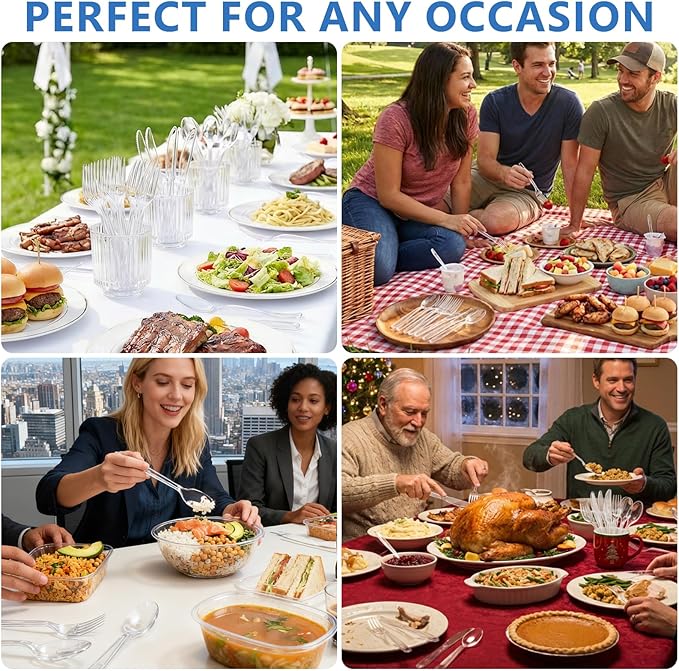 SACATR 1000 Count Plastic Silverware Heavy Duty -500 Forks, 500 Knives，BPA-Free,Heat Resistant Disposable Plastic Spoons Bulk, Solid Durable Premium Cutlery for Parties, Events and Everyday Use