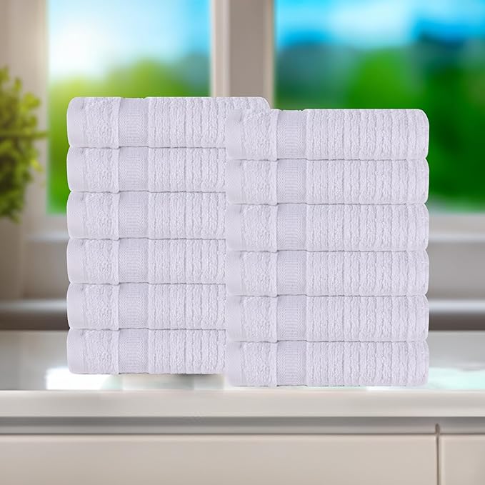 Superior Cotton Face Towel/Washcloth Set, Zero Twist, Ribbed Geometric, Small Facial Towels, Spa, Hotel, Guest, Home, Bathroom Basics, Plush Soft Absorbent, Luxury Quick Drying, Set of 12, White