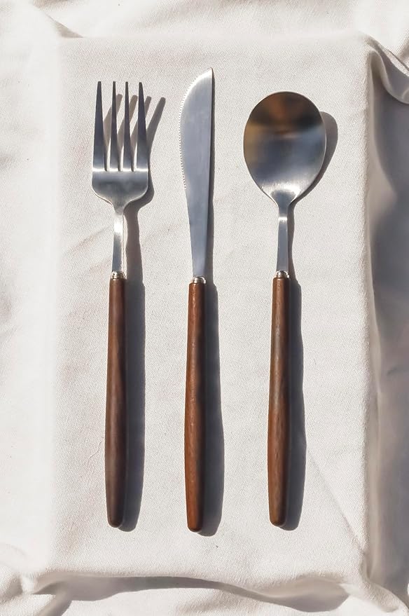 Lightweight Stainless Steel Flatware Set with Walnut (4 Sets, Plain)